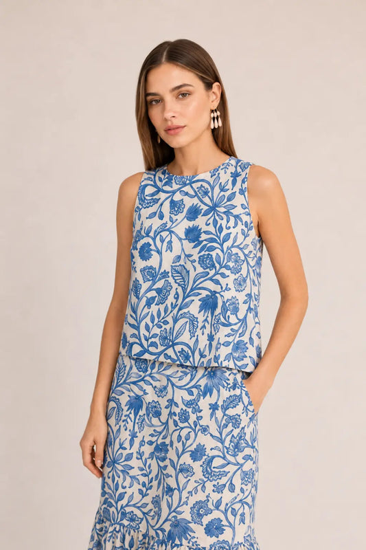 BLUE BOTANICAL SLEEVELESS TOP