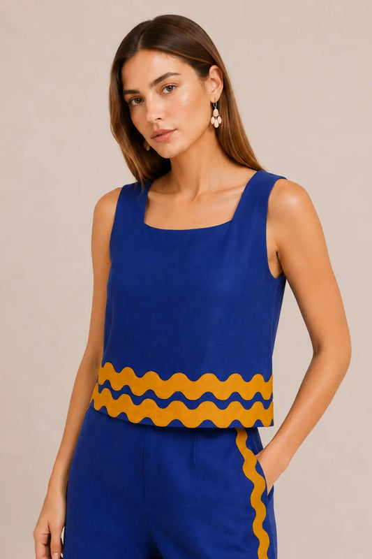 COBALT & MUSTARD TRIM BLOUSE