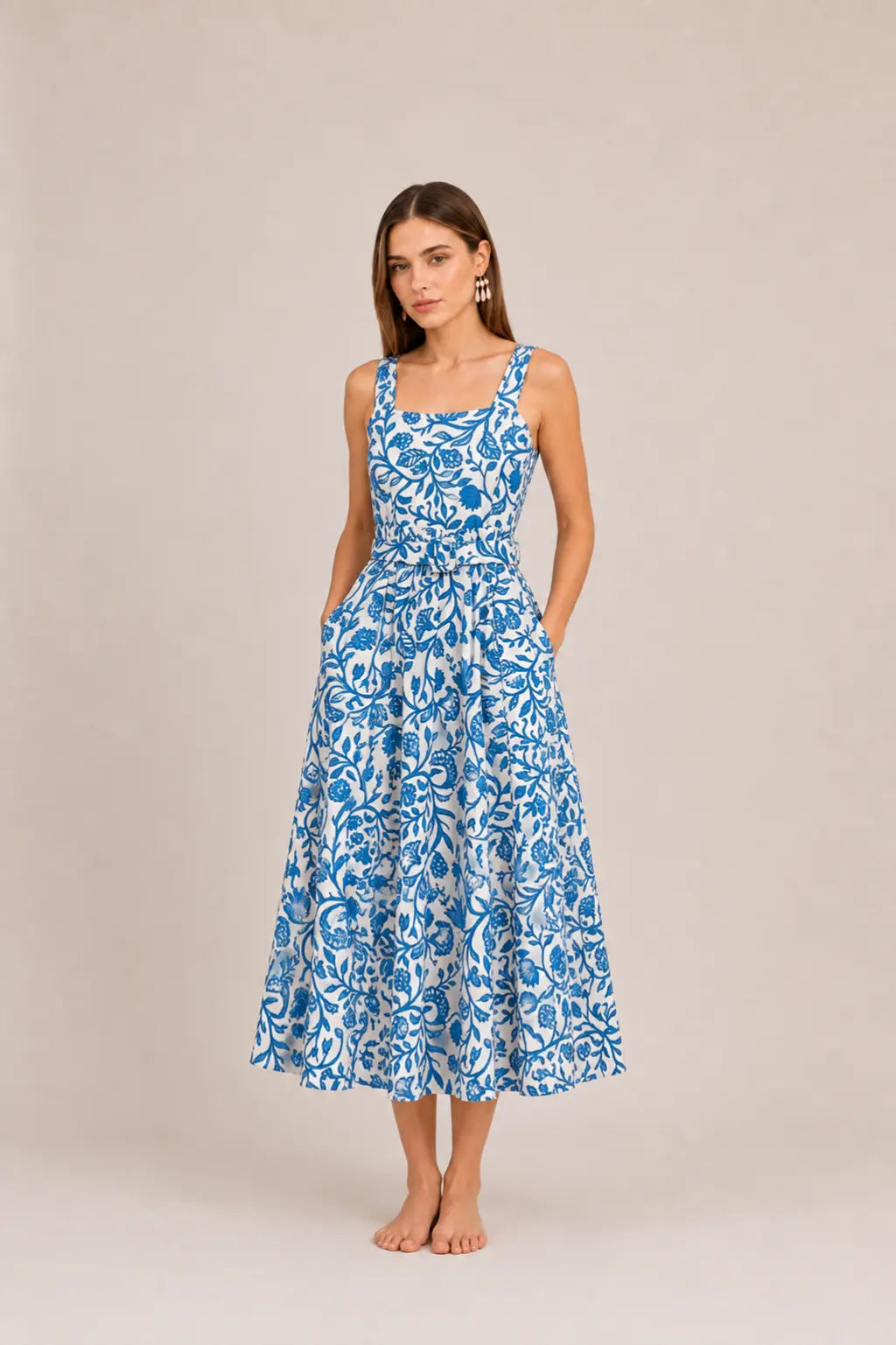 BLUE BOTANICAL POPLIN DRESS