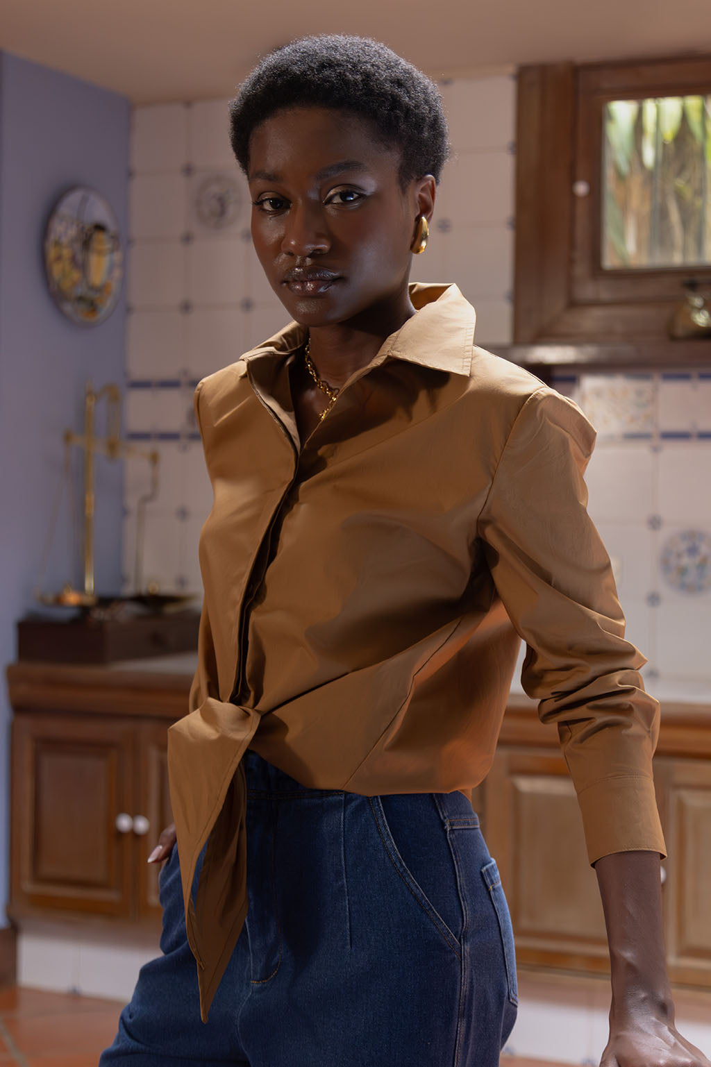 CARAMEL POPLIN BLOUSE