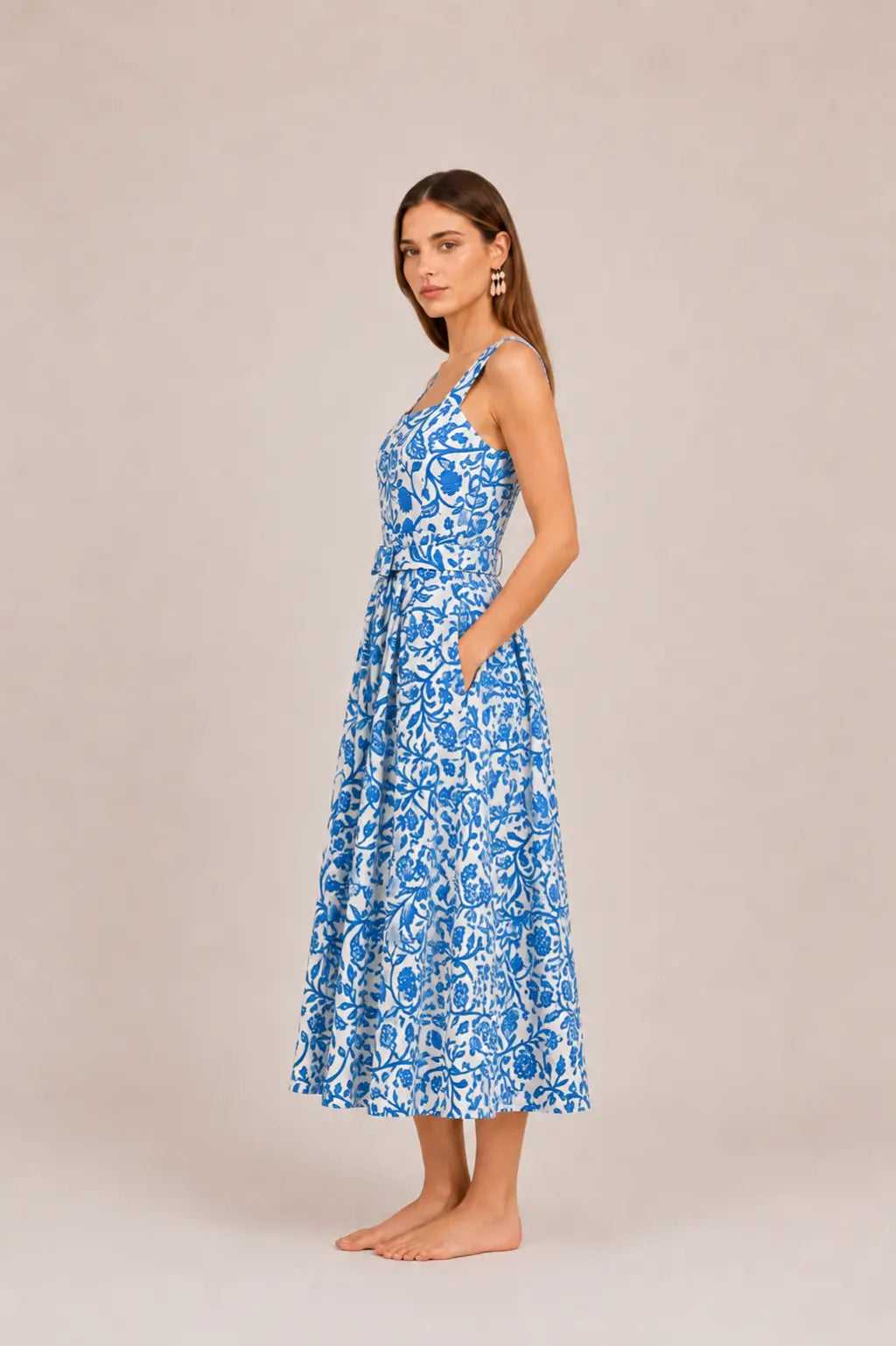 BLUE BOTANICAL POPLIN DRESS