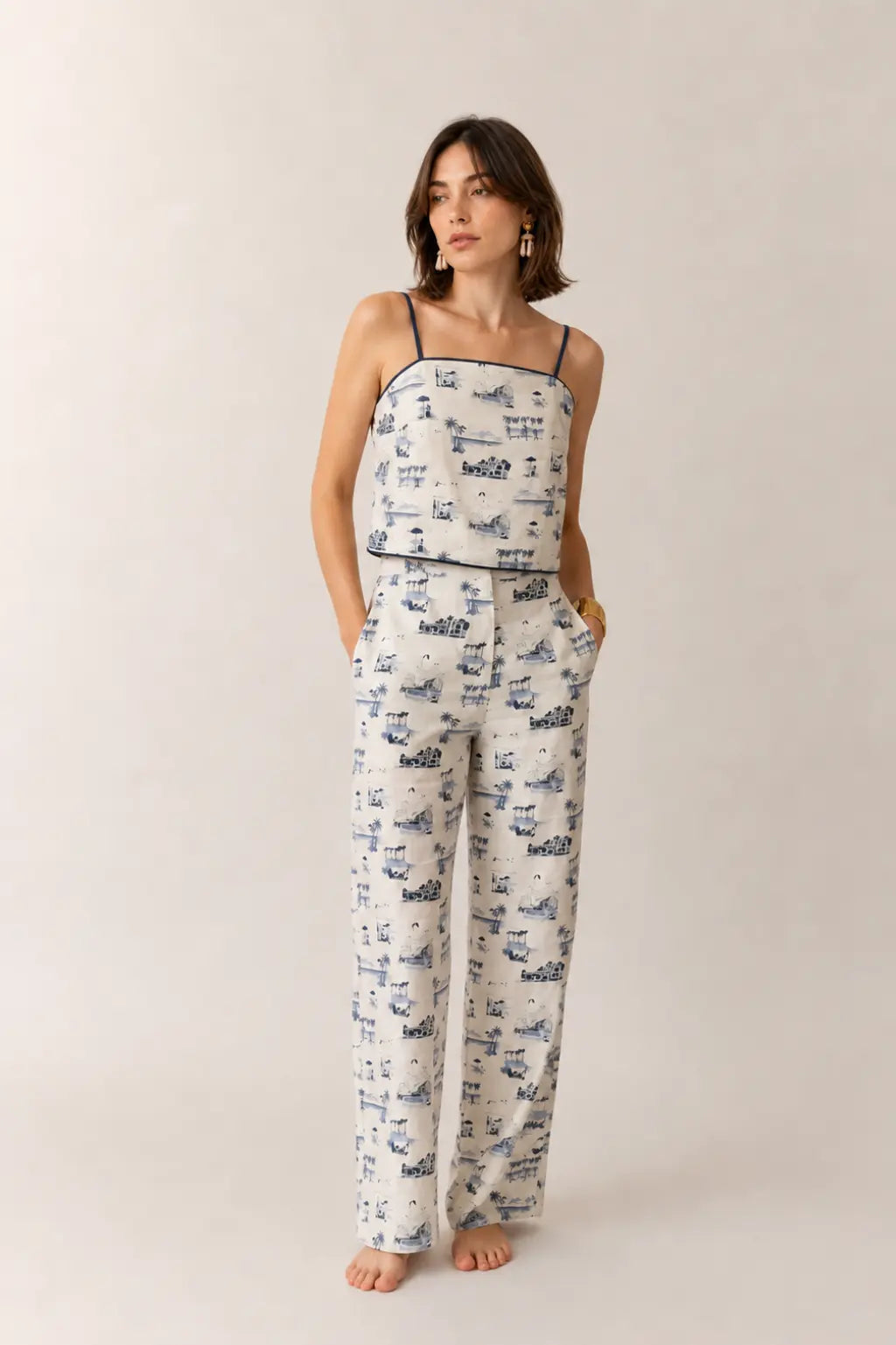 COASTAL TOILE PRINT STRAPPY TOP