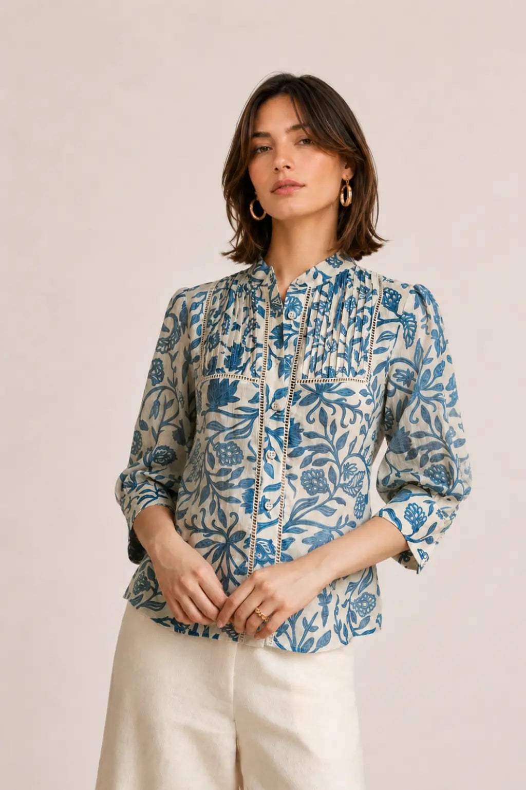 BLUE BOTANICAL RAMIE BLOUSE